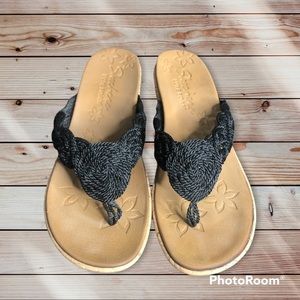 Sketchers, Luxe Foam Thong Wedge Sandal, Size 9, Black and Tan, Knit Upper